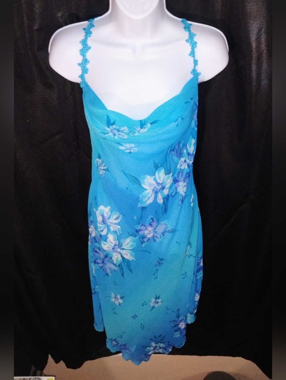 Delicates Blue Floral Slip Dress Medium Cowl Neck Lace Strap Y2K Midi